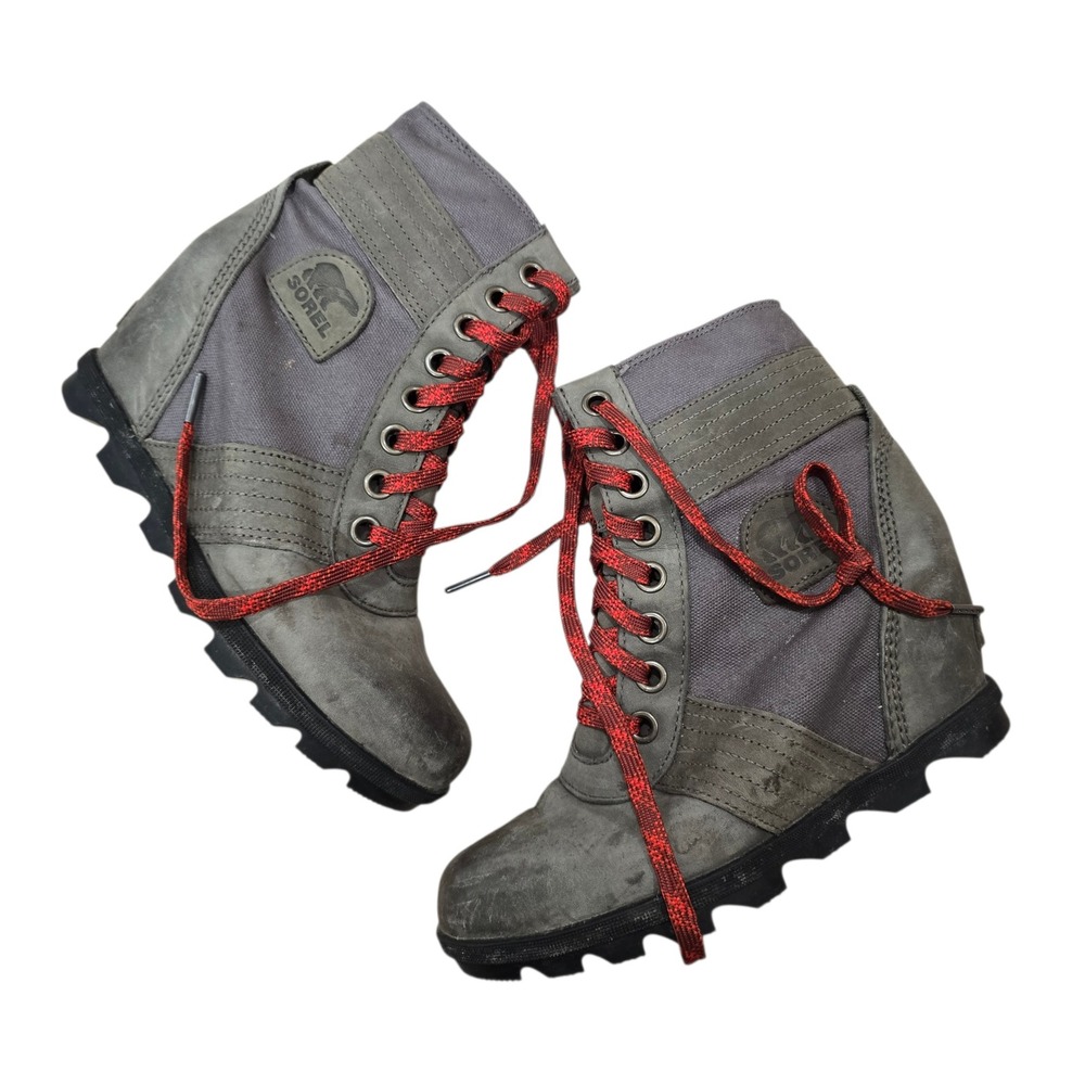 Sorel‎ Lexie Wedge Boot Women 8.5 Grey Red Lace Up Leather Canvas